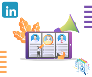Left top corner, LinkedIn logo. Middle, 3 candidate profiles. Purple stripes top right, orange stripes bottom left, and pictures of resumes in bottom right.