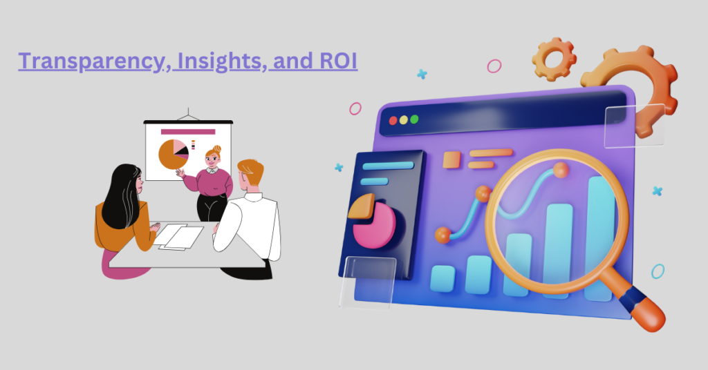 Three people reviewing data and a picture of graphs and data.